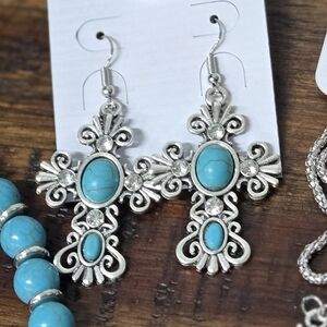 Turquoise cross earrings silver cross pendant 2 1/8" long clear crystal bead